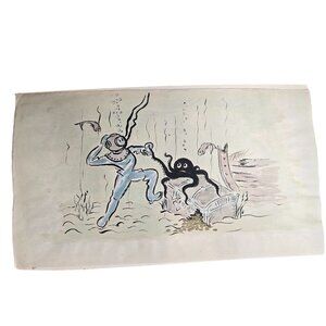 Vintage Hand-Drawn Diver & Octopus Illustration On Board George J Hough